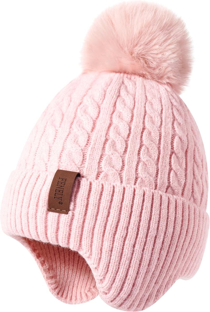 FENELY Girls Boys Winter Hat 3-12, Children's Warm Knitted Earflaps Beanie with Pom Pom Thicken Fleece Lining Cap for Kids - Image 1